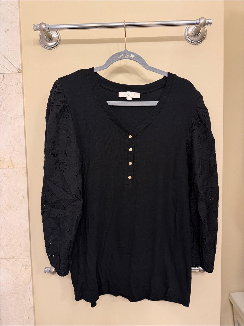 LOFT Black Eyelet-Sleeve V-Neck Henley with Gold Buttons